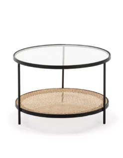 Table Basse/Sellette Ronde Noir Verre/Rotin, Thai Natura